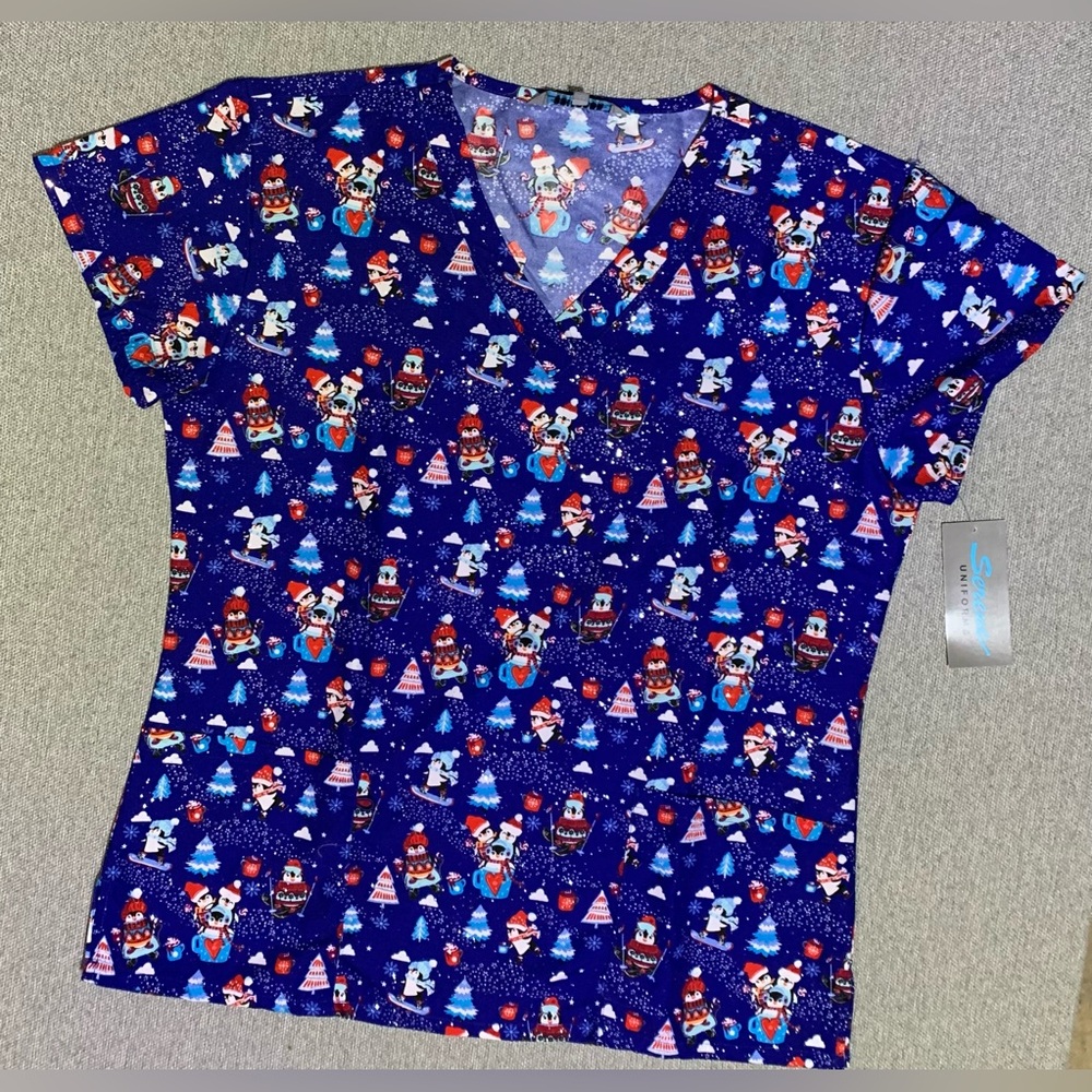 Winter Christmas Scrub Top Penguin Ski Glittery Pattern Size M